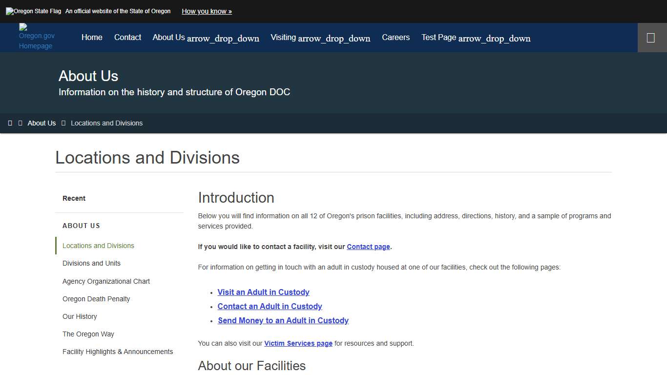 Department of Corrections : Locations and Divisions : About Us : State of Oregon